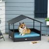 Wicker Dog House Elevated Raised Rattan Bed for Indoor/Outdoor with Removable Cushion Lounge, Blue